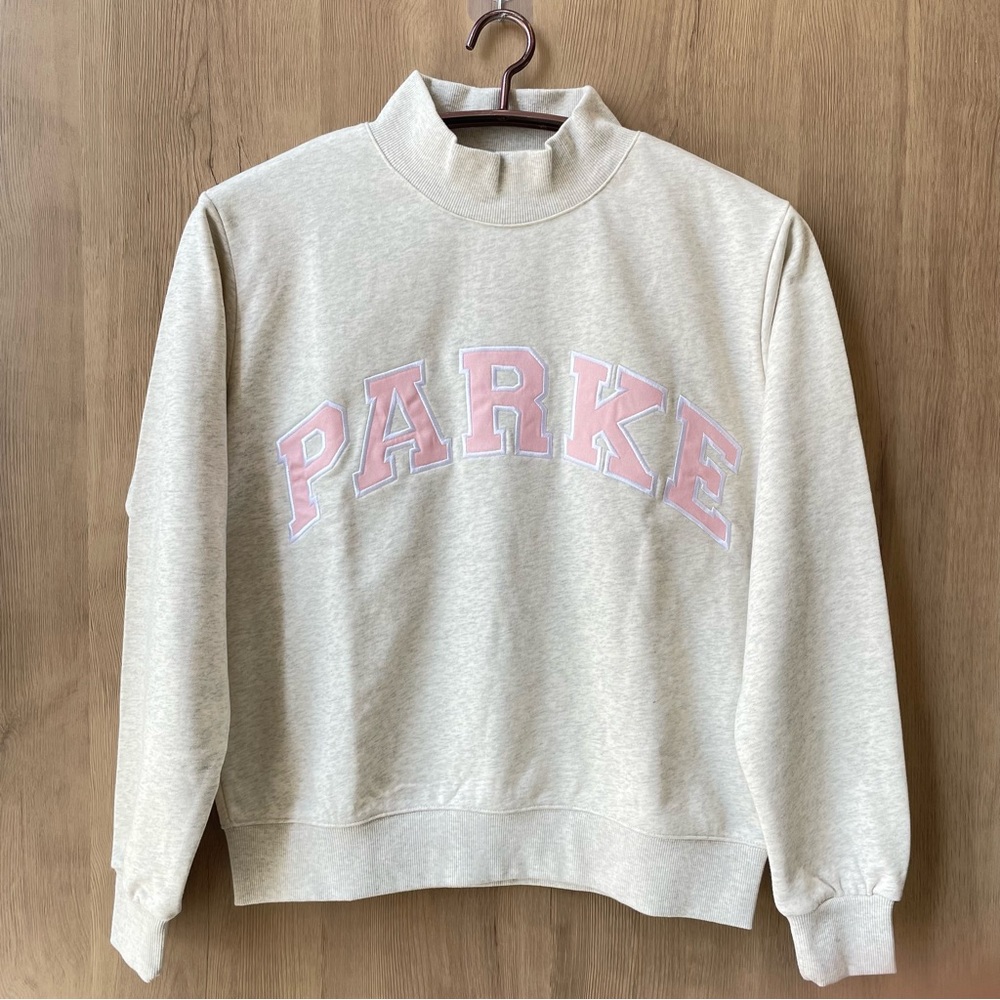PARKE Women's Mock-Neck Sweatshirt in Light Cream with Pink Logo